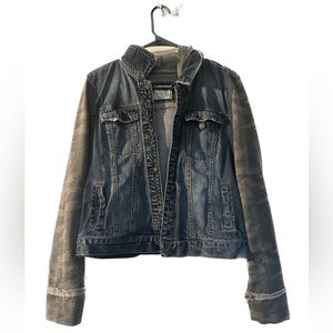 jean jacket w/ army print sleeves and hoodie.